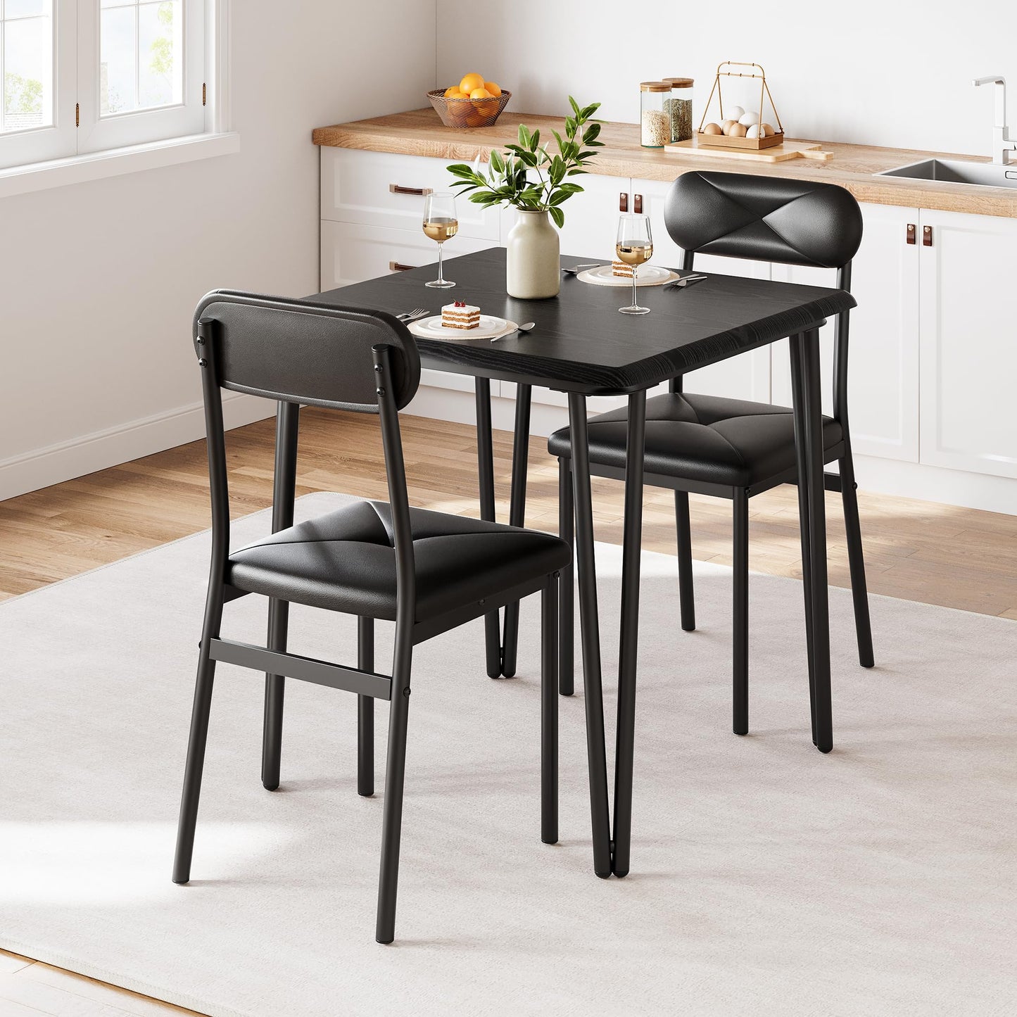 Dining Table Set for 4 with Black Wood Grain – Spacious Square Table with Rounded Corners and 4 Upholstered Chairs, Ideal for Apartment Living Room, Dining Room, (Black 3 Piece)