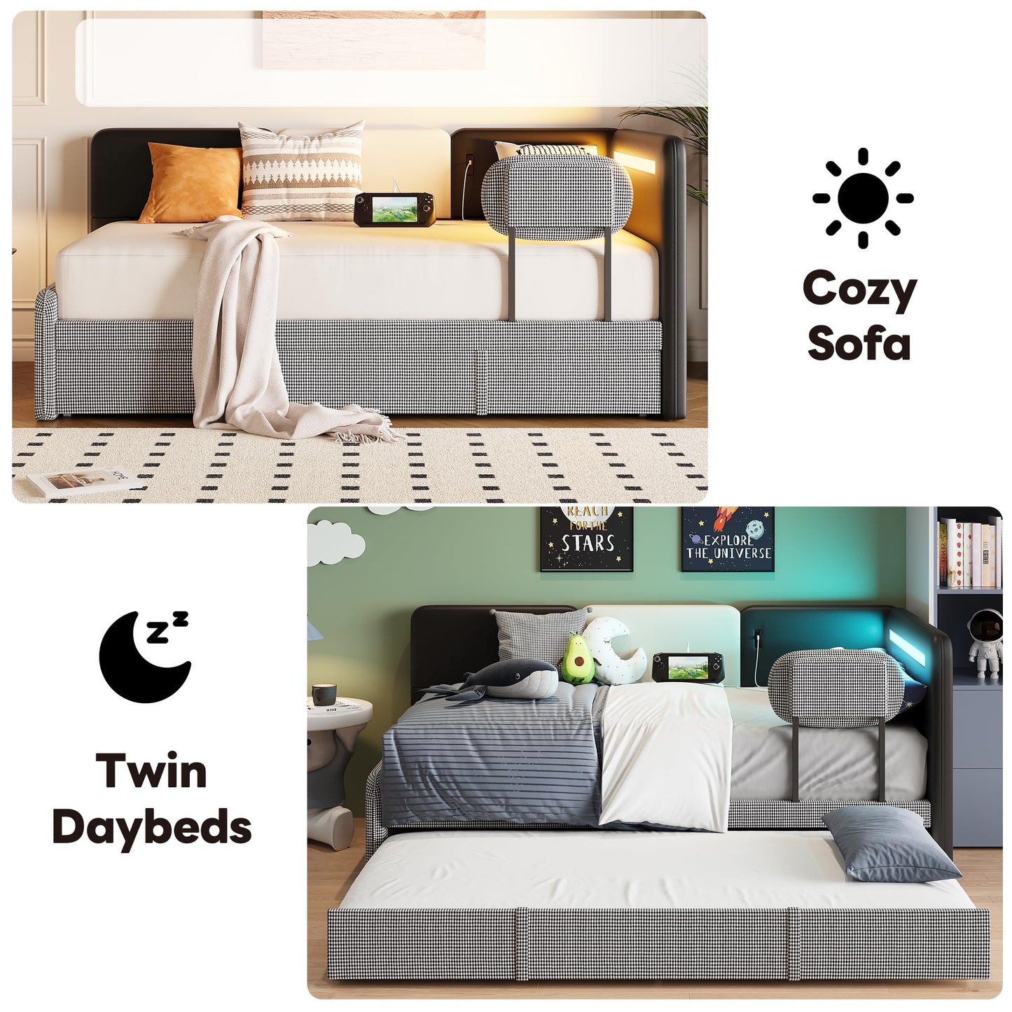 LIKIMIO Daybed with Trundle, Twin Day Bed Frame with Upholstered Guardrail, Charging Station & LED, Sofa Bed with Strong Supports, for Bedroom, Living Room, PU Leather