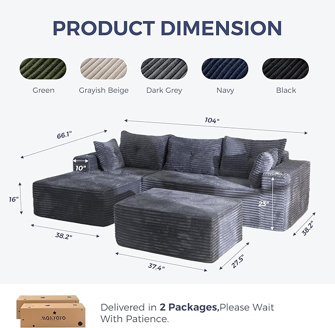 MAXYOYO 104" U-Shaped Modular Sectional Couch, Modern Boneless Couch for Living Room, Sofa in A Box, Oversized Sofa Sleeper with Deep Seat, No Assembly Required, Dark Grey