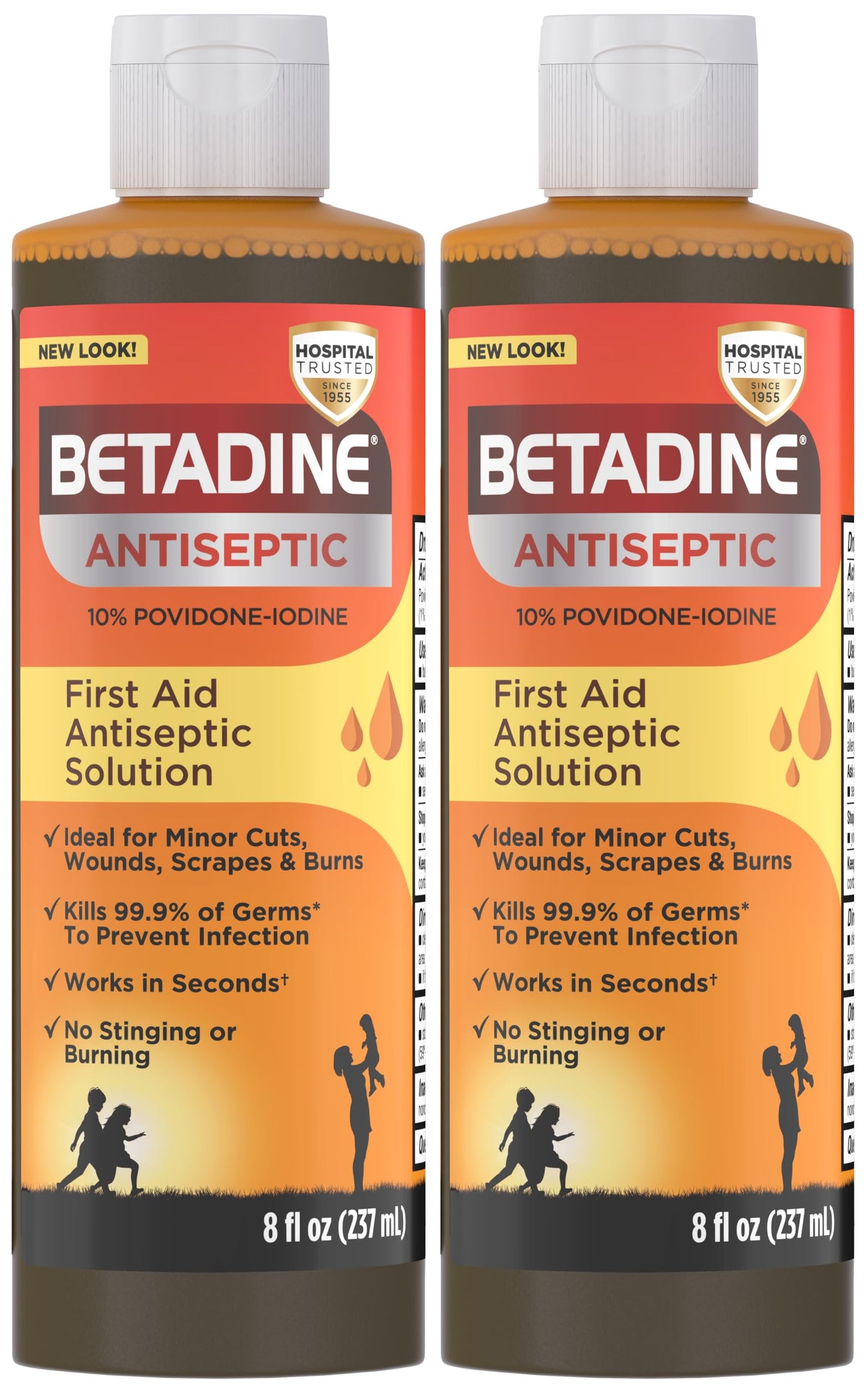 Betadine Antiseptic Povidone Iodine Solution 8 Fl Oz, Pack of 2, Kills Germs in Minor Cuts/Scrapes/Burns, Povidone Iodine Liquid, No Sting, No Alcohol or Hydrogen Peroxide