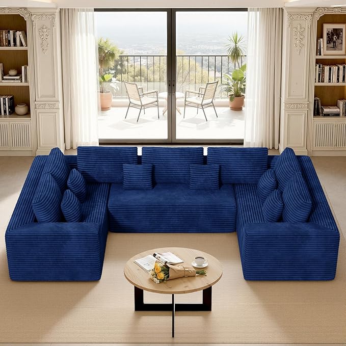 136'' Large Sectional Cloud Couches with Chaise, U Shaped Boneless Loveseat Sofa, No Assembly Required Deep Seat Modular Lounge for Living Room 3PCS Set, Bedroom(Blue)