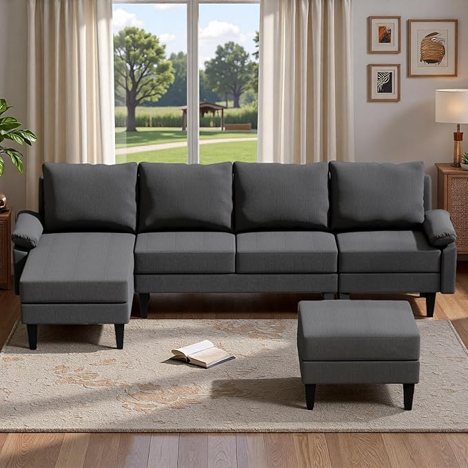 Topcomfy U-Shaped Sectional Couches for Living Room, Convertible 4 Seat Modular Sectional Sofa Set with Ottoman, Modern L Shaped Couch with Chaise for Apartment and Office, Polyester Dark Gray