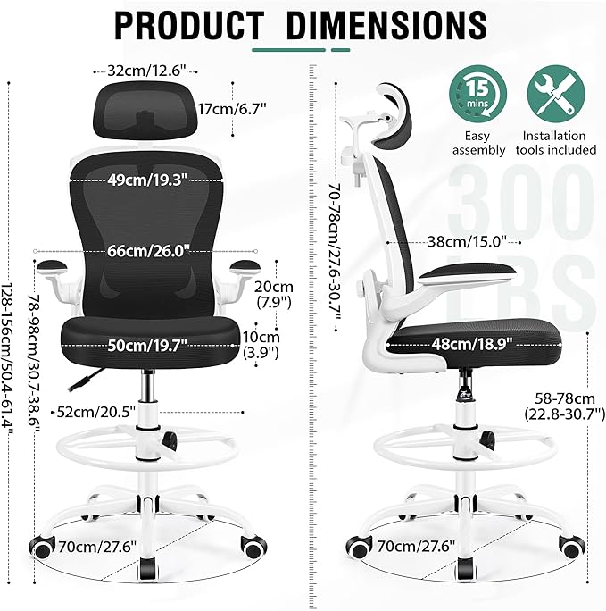 Drafting Chair, Tall Office Chair with 3D Lumbar & Head Support, Ergonomic Mesh Standing Desk Chair with Footring, Comfy Extended High Desk Chair with Flip-Up Arms & Hanger,White