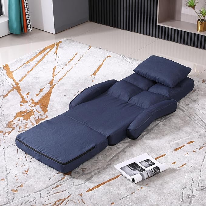 DeeLyan Indoor Floor Chair with Armrest and Pillow Folding Chaise Lounge Sofa 14-Position Adjustable Comfy Gaming Recliner Chair Padded Seats for Adults (Blue)