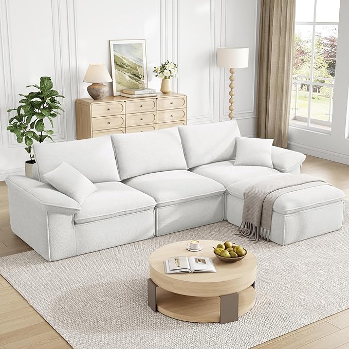 LIKIMIO 120" L-Shaped Modular Sectional Sofa, Cloud Sectional Couch with Deep Seat, Comfy Teddy Upholstery, Oversized 3-Seater with Ottoman, Boneless Couch for Living Room, No Assembly, White