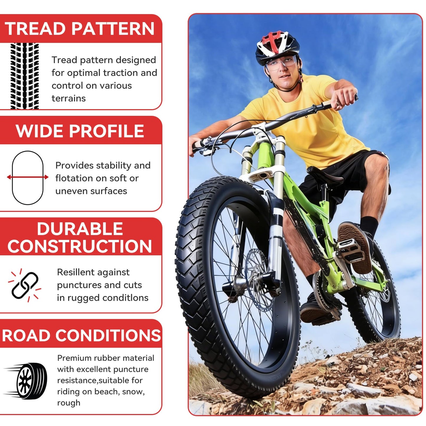 2-Pack NEZHA 26×4.0 Fat Tire for Electric Bikes & Fat Bikes, All-Terrain Puncture-Resistant Bicycle Tire, Durable Replacement Tire for Snow, Sand, Trails & Urban Roads