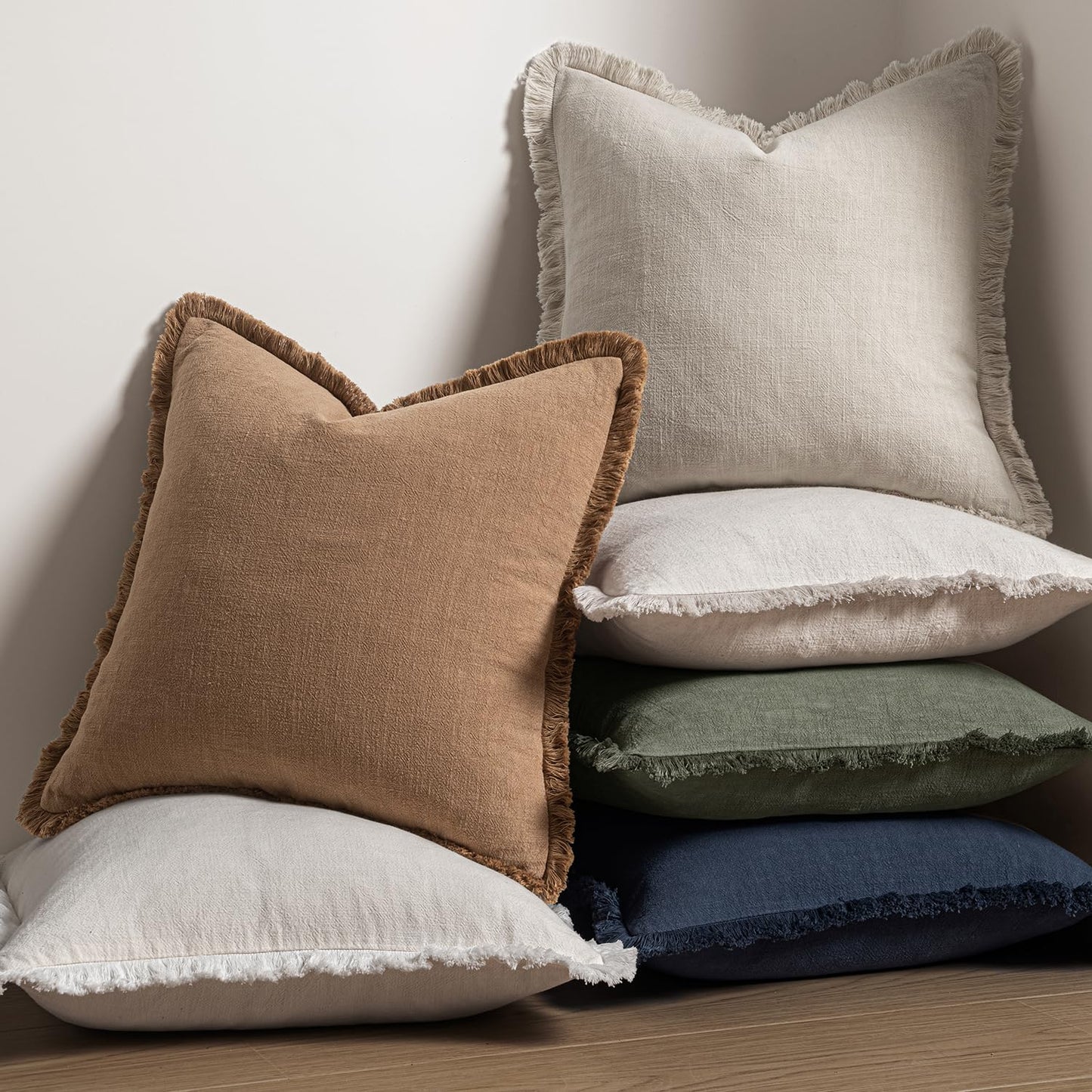 MIULEE Decorative Throw Pillow Covers Neutral Linen Fringe Throw Pillows Set of 2 Natural Beige Boho Farmhouse Cushion Covers with Tassels for Couch Sofa Bed Living Room Spring Home Decor 20x20 Inch