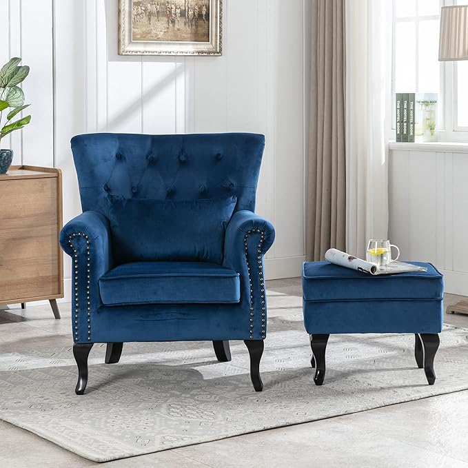DM Furniture Accent Chairs with Ottoman Set of 2 Velvet Wingback Club Chair Upholstered Reading Chair Lounge Chairs with Wood Legs/Button Tufted Back for Bedroom Living Room, Blue