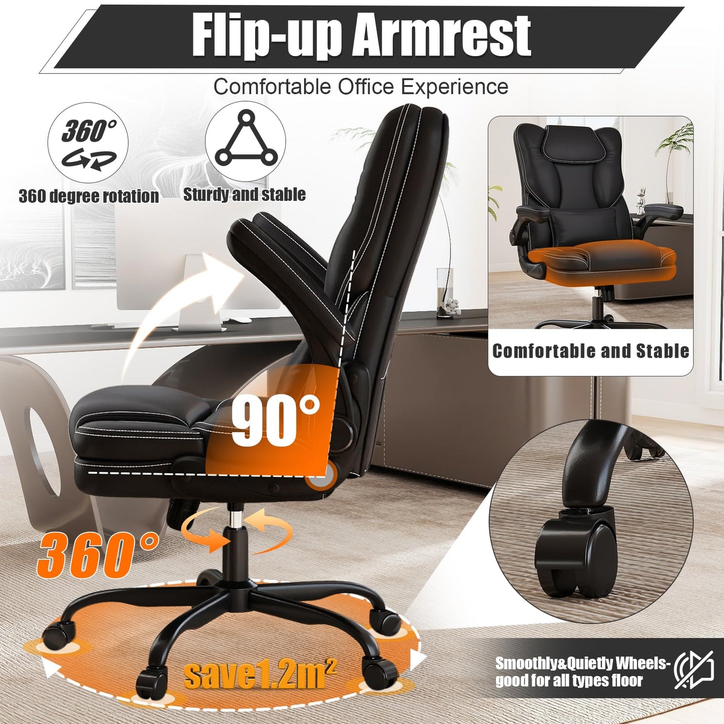 Ergonomic Office Chair with Flip-up Armrests, 300lbs Mid Back Computer Office Desk Chair with Lumbar Support, Executive Leather Chair with Rocking Function Adjustable Height for Home Office