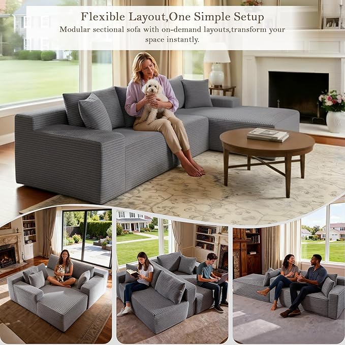 105’’ L-Shape Modular Sectional Sofa with Chaise, Convertible Cloud Couch, Corduroy Fabric & High-Density Memory Foam, No Assembly Required for Living Room (Grey, Right Facing Chaise)