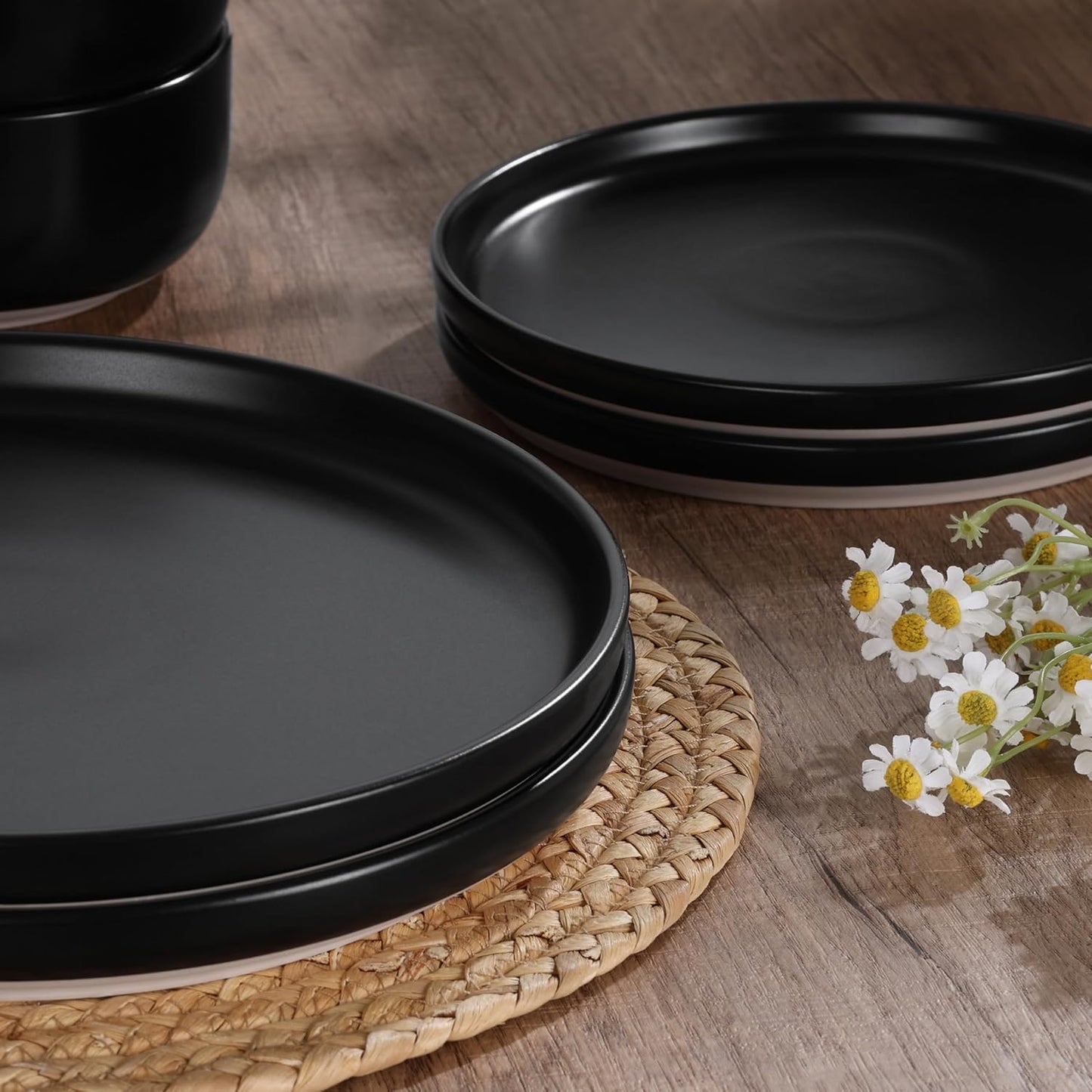 HaWare Stoneware Dinnerware Sets, 24-Piece Plates and Bowls Set for 8, Dishes Set for Home Restaurant, Frosting Black