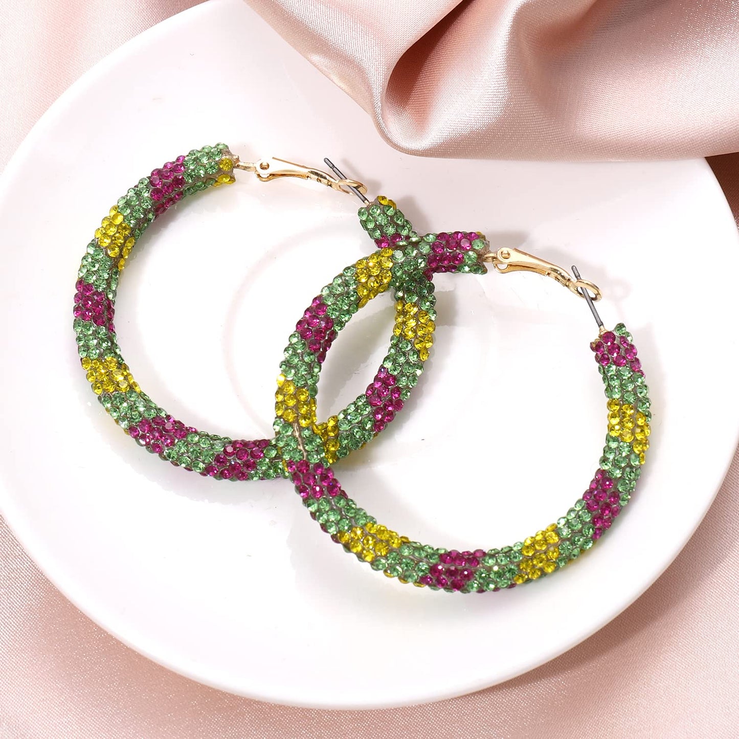 NLCAC Mardi Gras Earrings Sparkle Resin Rhinestone Wrapped Hoop Dangle Earrings for Women (Mardi Gras Purple Green Yellow)