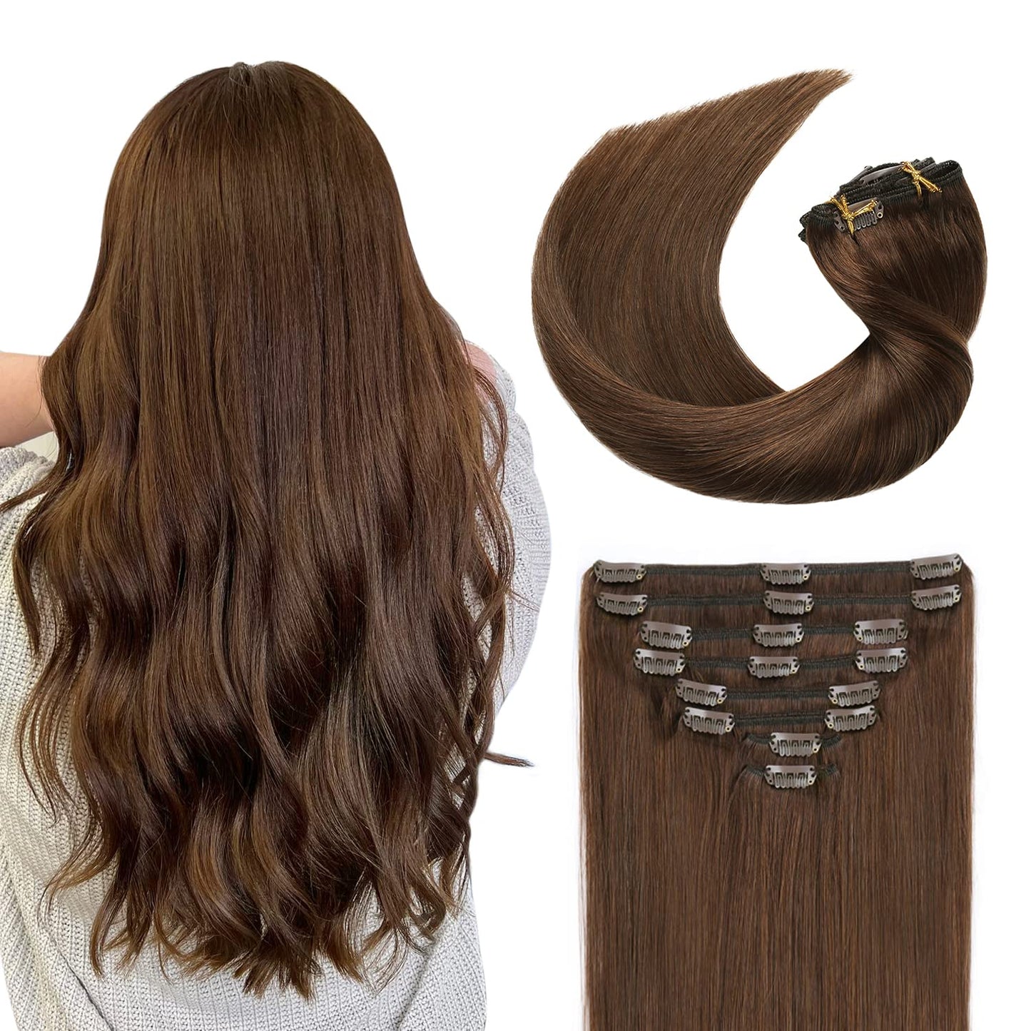 Sunya Clip-in Hair Extensions, 18 #4 Chocolate Brown, Real Human Hair, 8Pcs/120g, Straight, Clip-in Extension