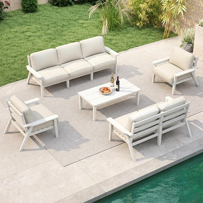 Patio Kingdom 7 Piece Patio Furniture Set, HDPE Outdoor Sectional with Beige Washable Thick Cushions, Coffee Table & Side Table, Patio Conversation Sets for Lawn, Garden, Porch, Balcony (White Frame)