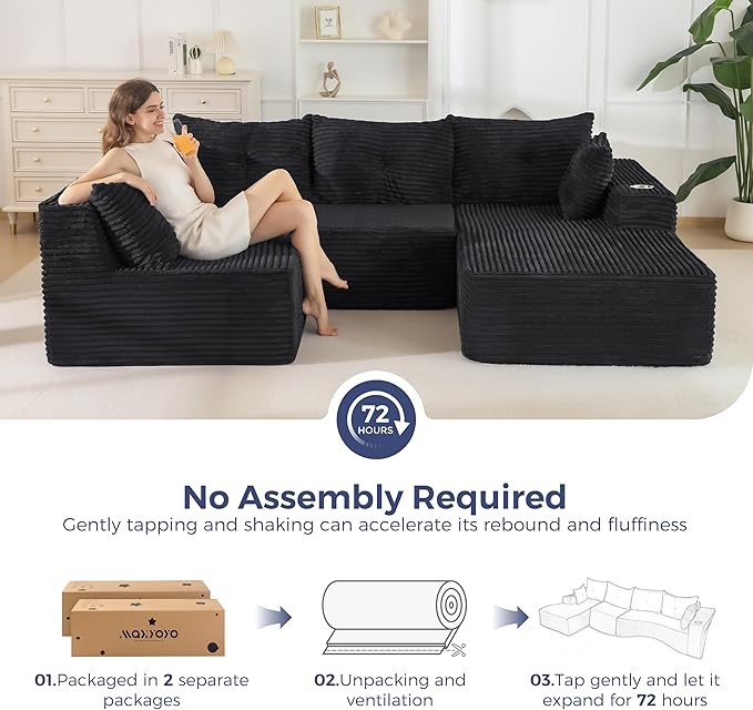 MAXYOYO 132" Oversize Modular Sectional Couch with L-Shape Chaise, Modern Boneless Couch for Living Room, Sofa in A Box, Oversized Sofa Sleeper with Deep Seat, No Assembly Required, Black