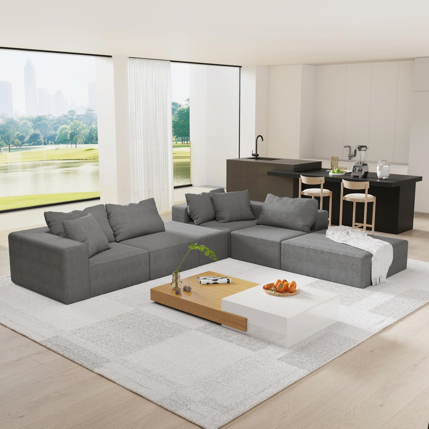 Oversized Boneless Modular Sectional Sofa Cloud Couch for Living Room - Convertible 6 Seater Chenille Couches Set with Ottoman, No Assembly Floor Compression Sofa with Memory Foam