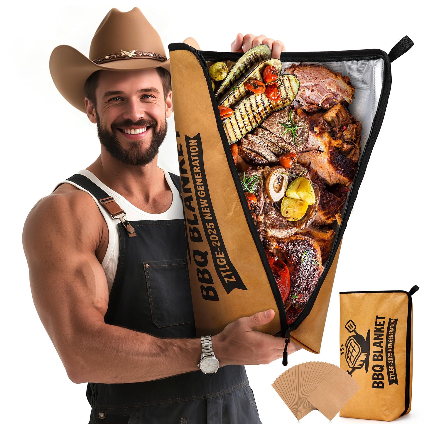 BBQ Blanket for Resting Meat - 21" Reusable Leakproof Meat Resting Bag, 5-Layer Insulated Smoker Blanket with 20 Butcher Papers, Brisket Wrap Smoker Accessories & BBQ Gifts for Men (Turkey,Pork,Beef)