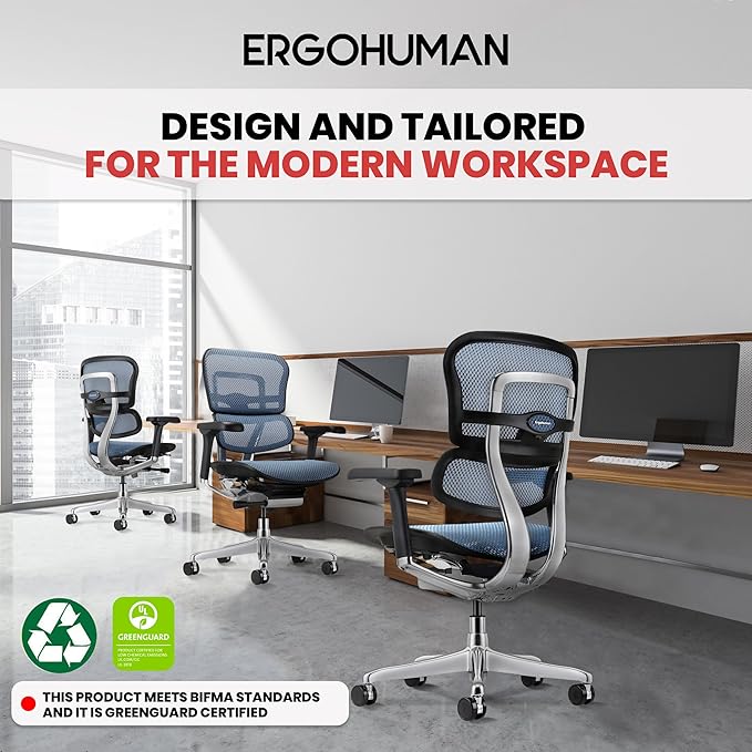 Ergohuman Eurotech ME8ERG GEN2 High Back Mesh Office Chair with Tilt Tension Control, Tilt Lock, Back Angle, Back Height, Synchro Tilt, Seat Height, Seat Depth, and Arm Height Adjustments, Blue