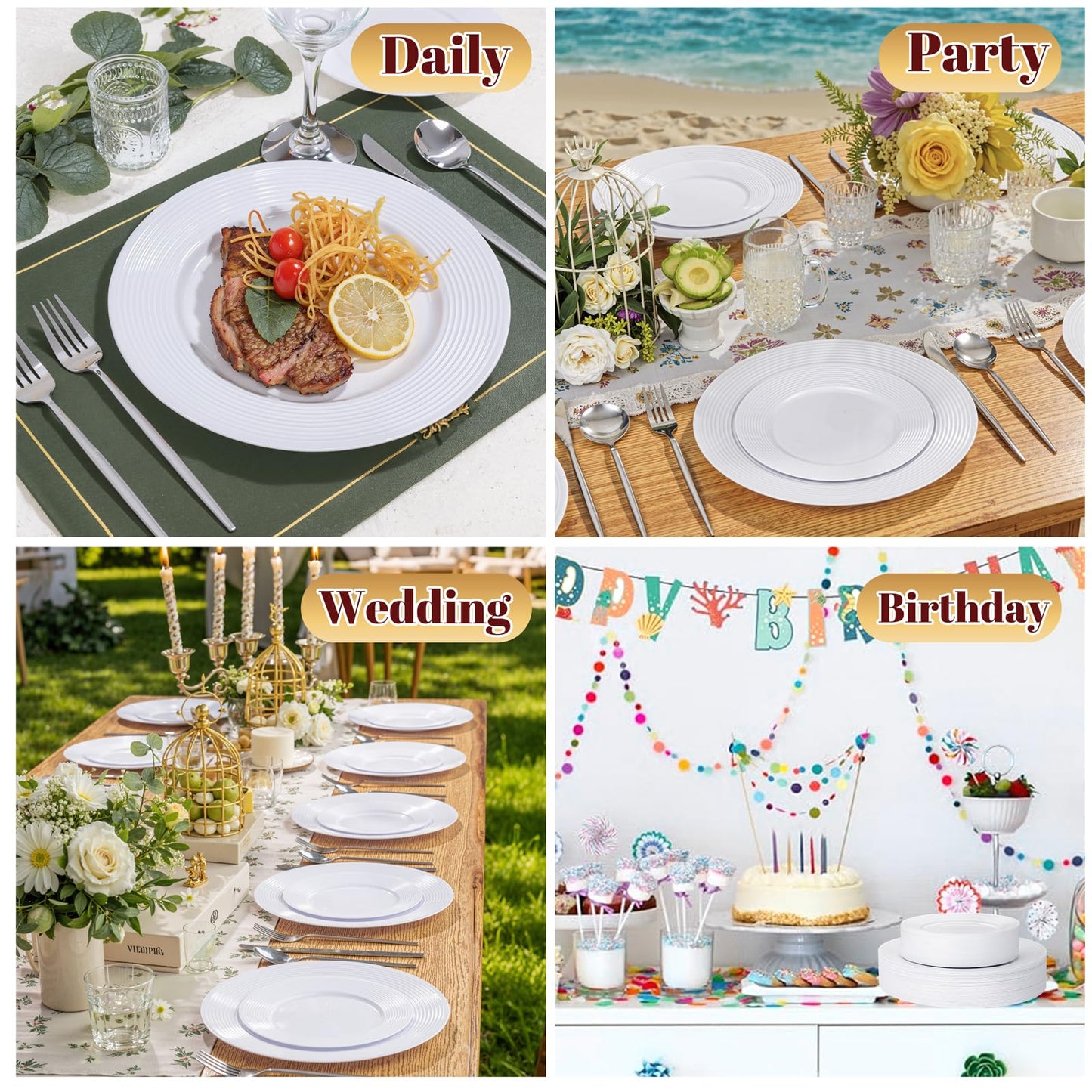 FLOWERCAT 100PCS White Plastic Plates - Heavy Duty Plastic Plates Disposable-Straw hat plates for Summer party &Wedding - Serve for 50guests party(10inch & 7inch)(White)