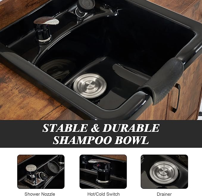 BarberPub Multi-Functional Shampoo Backwash Sink Station, Beauty Salon Cabinet with Faucet Sprayer, Barber Shop Storage Equipment 45.3" x 14.1'' x 36.4" 7139 (Rust Brown)