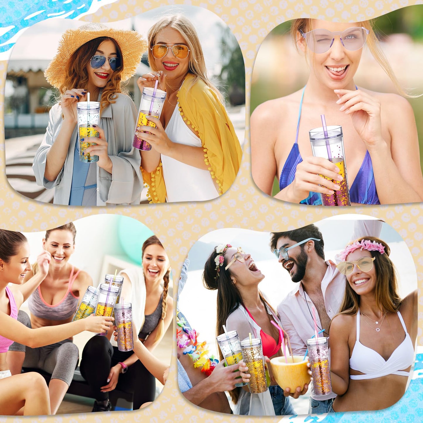 Reallnaive 16 Pcs 16 oz Plastic Snow Globe Tumbler and Neon Sunglasses Set Double Wall Skinny Tumblers with Lid and Straw Glitter Snow Globe Cup for Summer Travel Home Drink Birthday Party Gifts