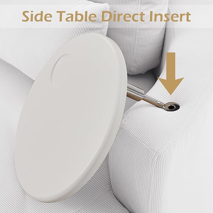 Yoglad Oversized Round Swivel Accent Chair - 360 Degree Chairs with Ottoman Armrest Tray Ideal for Living Room, Bedroom(Corduroy White)