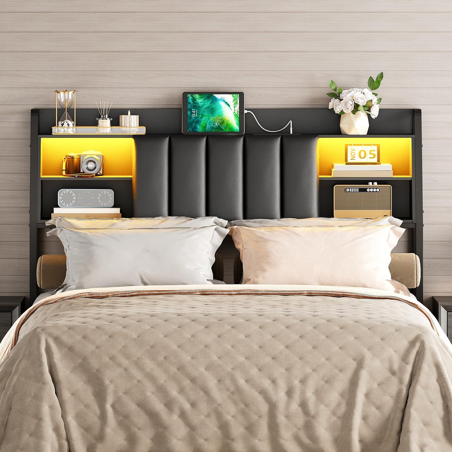 HOOBRO Queen Size Headboard with Storage, Upholstered Headboard with Charging Station and LED Light Strip, Padded Backrest and Open Storage Shelf, Metal Frame Adapter, for Queen Bed Frames, Black