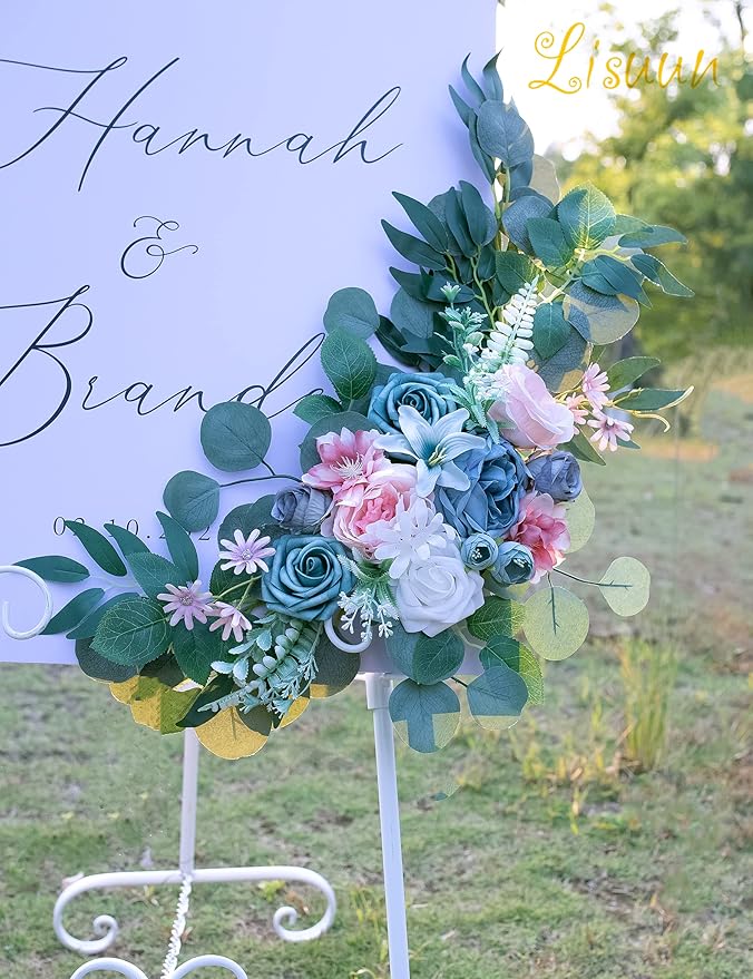 Wedding Arch Flowers, Artificial Floral Decor for Wedding Ceremony & Reception, Standard Size Large Flower Swag Set for Backdrop & Welcome Sign, Pack of 2 (Pink & Blue)