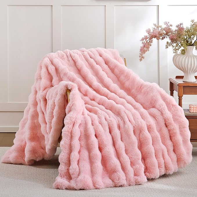 Smoofy Faux Fur Throw Blanket for Couch – Blush Pink Fluffy Cozy Rabbit Fleece, Plush Soft Bubble Blanket for Sofa & Bed, ...