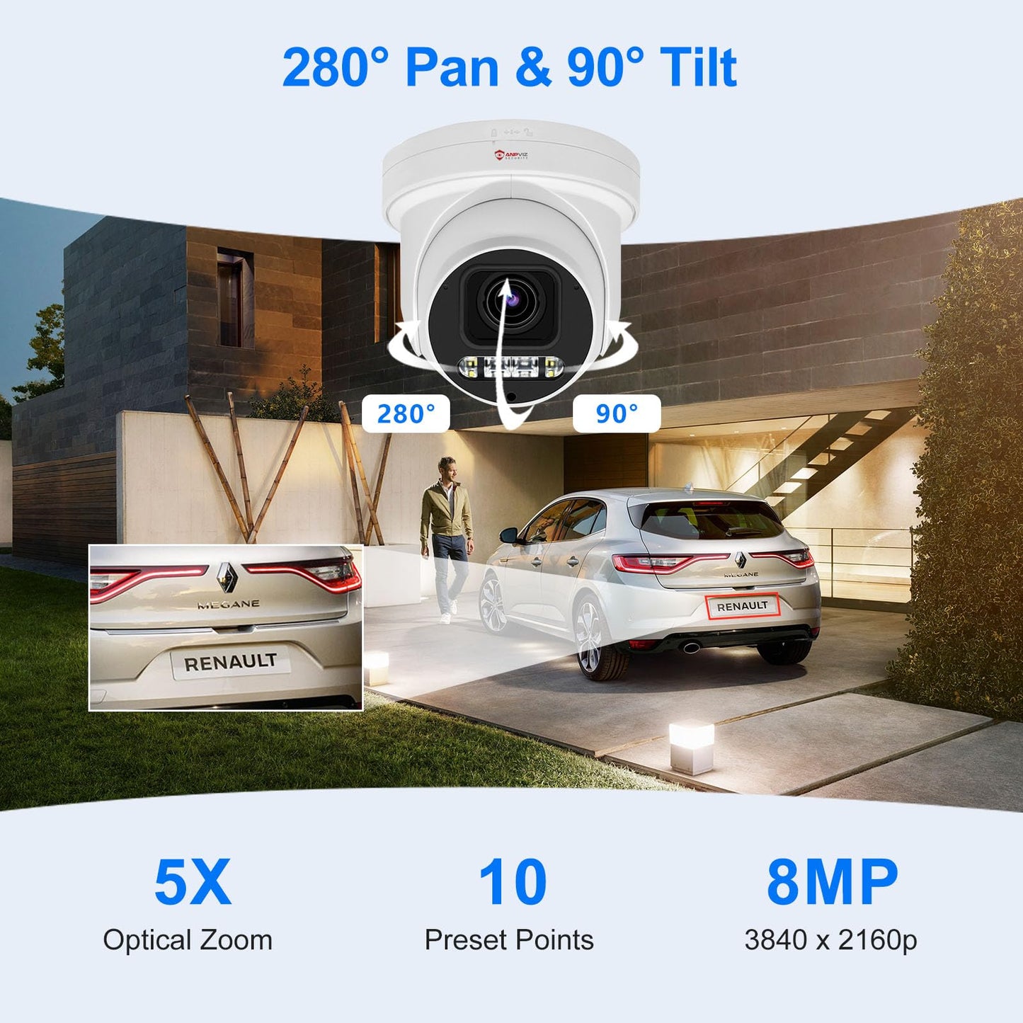 Anpviz 4K 8MP PoE PTZ Camera Outdoor, 5X Optical Zoom 2.7~13.5mm Lens, Pan 280° Tilt 90° IP Security Camera Human Vehicle Detection, Spotlight&Sound Alarm, 2 Way Talk, SD Card Slot, IP66 (U Series)