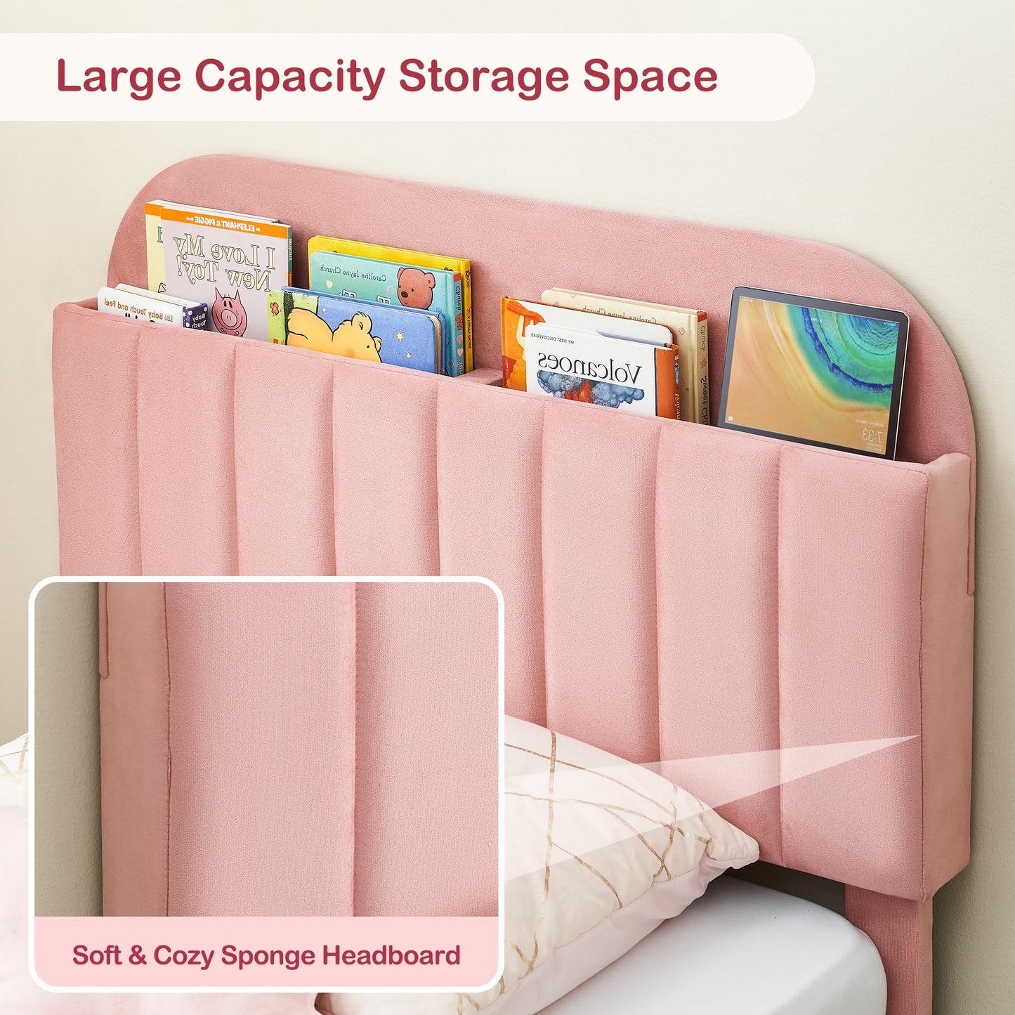 GarveeHome Twin Bed Frame with Storage Headboard, Velvet Upholstered Platform Bedframe for Kids, Girl Bed, Strong Wooden Slats, Noise-Free, Easy Assembly, No Box Spring Needed, Light Pink