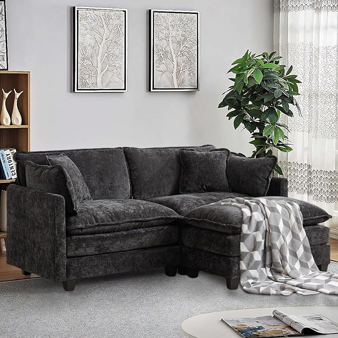 SoarFlash Chenille 77.95" Sectional Sofa, Comfy L Shaped Modular Coush Sofa with Ottoman, Modern 2 Seat Couch Deep Seat Sofa Set for Living Room,Black