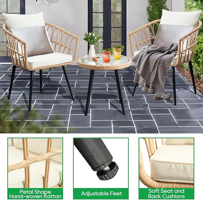 PORWEY 3 Piece Patio Bistro Set, Outdoor Wicker Apartment Balcony Furniture Sets, Rattan Table and Chairs Set of 2 for Porch Backyard Lawn Poolside Deck, Beige