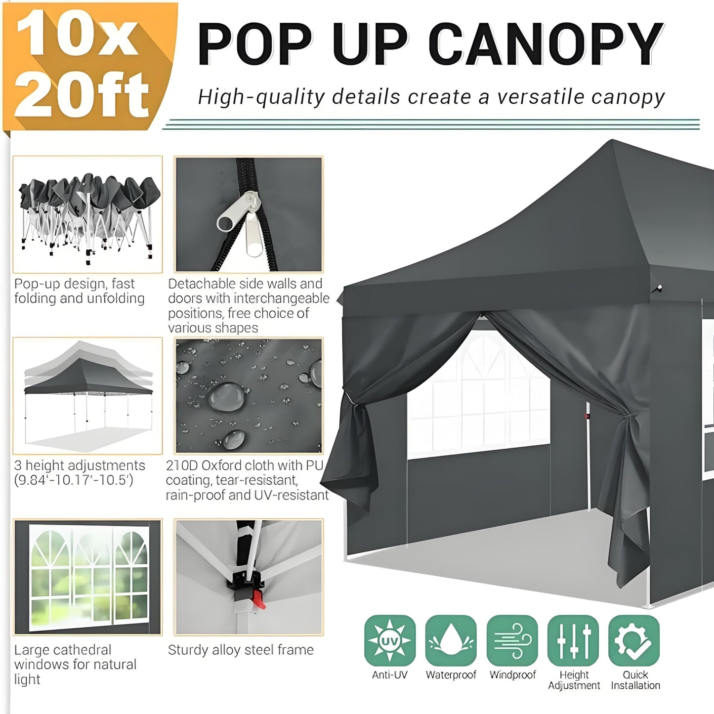 COBIZI 10x20 Pop Up Canopy with 6 Sidewalls, Conical Party Tent 10x20 with 3 Adjustable Height Waterproof, UV-Resistant with Carry Bag, Sandbag, Stake, Ropes for Parties, Commercial (Frame Upgraded)