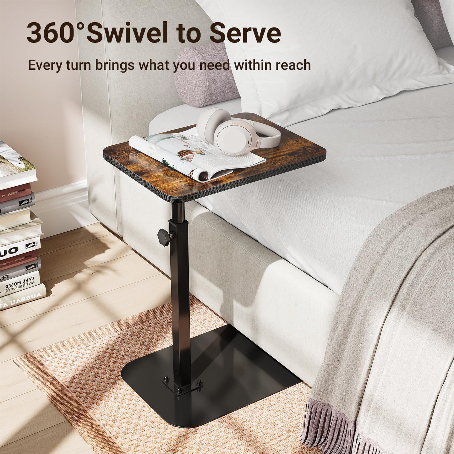 ELYKEN TV Tray Table, C-Shape Couch Desk, 360° Swivel Side Table Height Adjustable, Laptop Stand for Couch Recliner, Small Bedside Tables, Rustic Brown