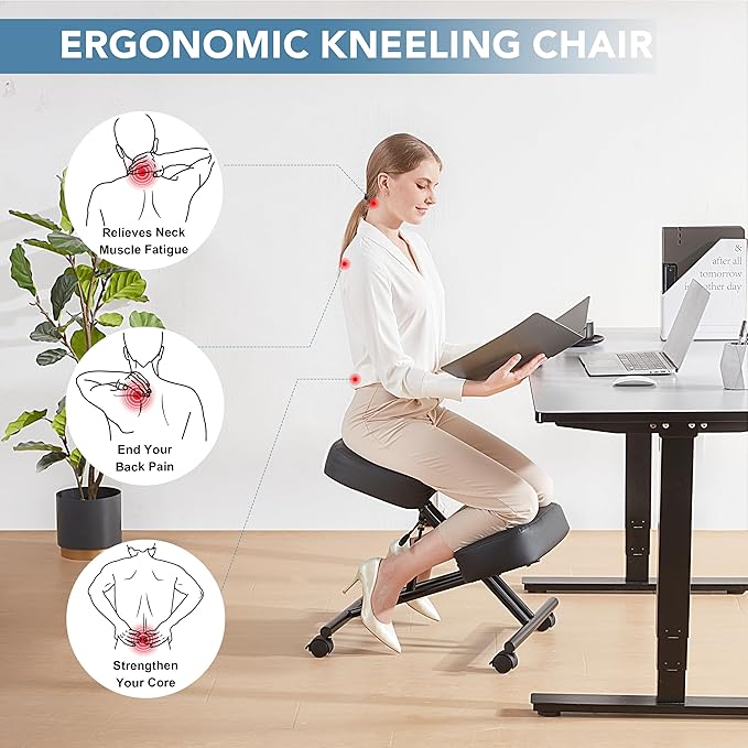 SOMEET Ergonomic Kneeling Chair, Modern Style, Kneeling Office Chair, Black Pu Kneeing Chair, Metal Frame, Foam Seat, 250 lbs Weight Capacity, Adjustable Height, Lockable Casters