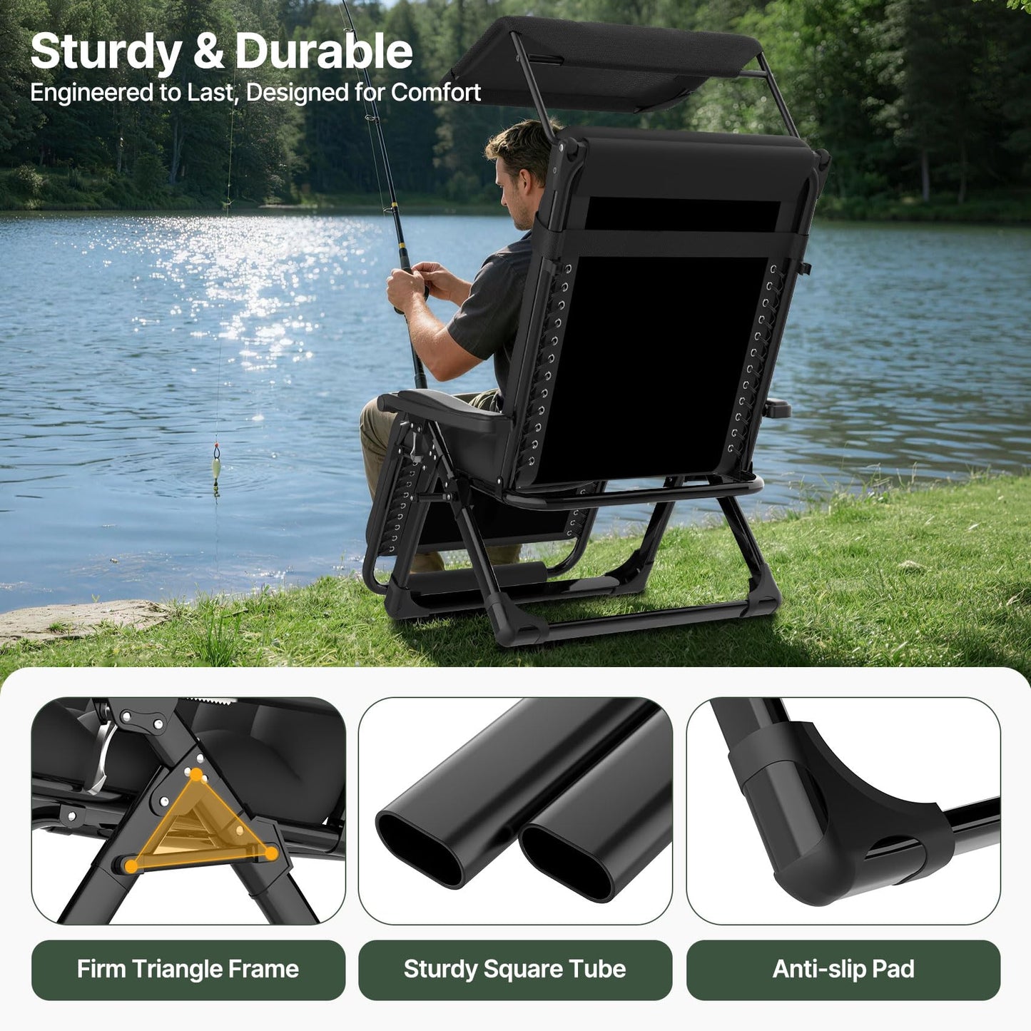 Suteck Zero Gravity Chair with Canopy,33In XXL Oversized Lounge Chair w/Removable Cushion&Headrest, Upgraded Lock and Footrest, Folding Reclining Patio Chairs Recliner for Indoor Outdoor