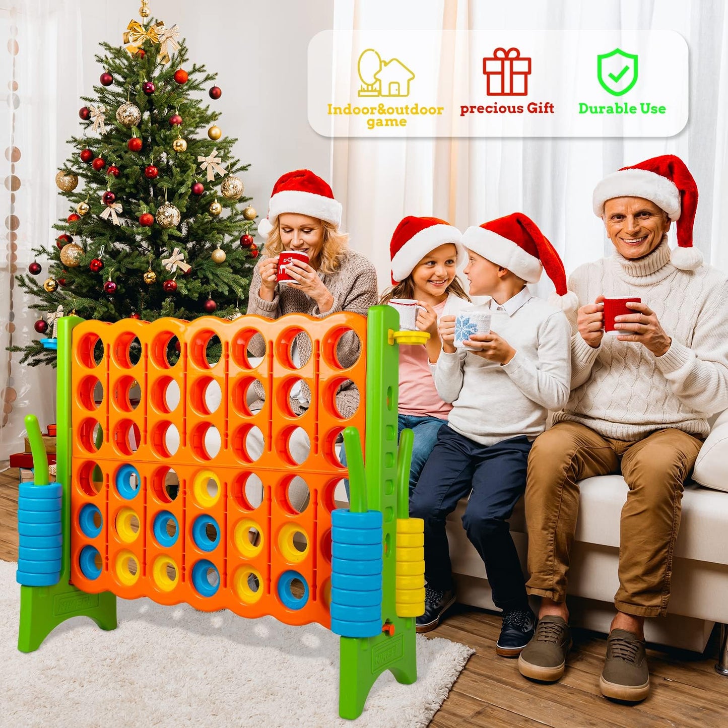 Oversized 4 in a Row Connect Game+Waterproof Carry Bag,Included-4 ft X 3.5 ft Tall,4-to-Score Jumbo with 44 Pieces Rings&Drink Holder,48” Super Size-Indoor&Outdoor Giant 4 Game for Kids&Adults