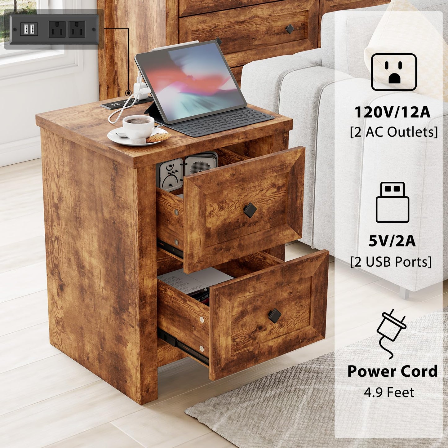 LUXOAK Bedroom Dresser and Nightstand 3 Piece Set, 1 X Wood Rustic 6 Drawer Storage Dresser, Nightstand Set of 2 with Charging Station, Farmhouse Bedroom Furniture Set, Rustic Brown