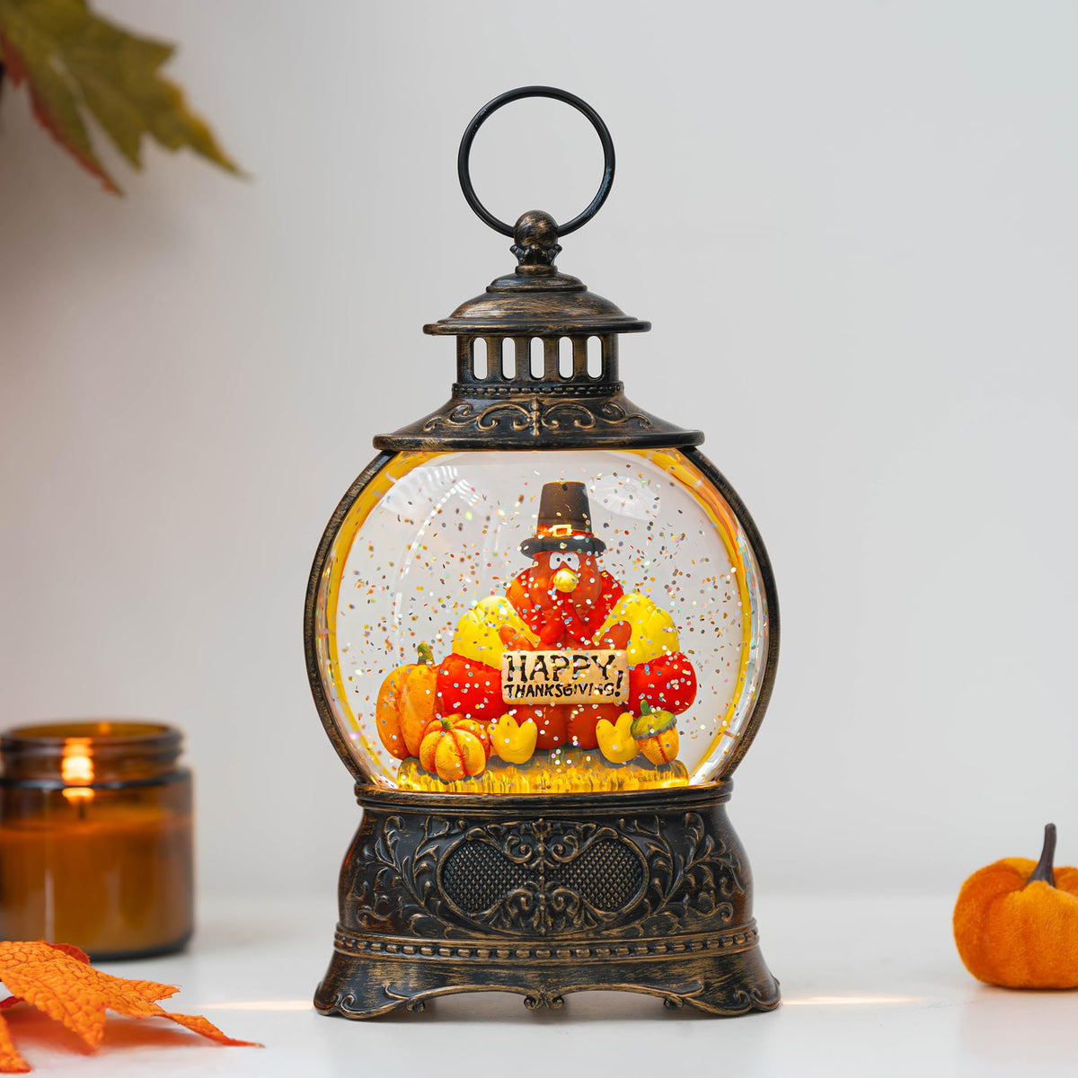 Fall Snow Globes Thanksgiving WaterLantern Swirling Glitter Snow Globe for Autumn Harvest Day Decorations Home Fall Halloween Decor Gifts (Turkey & Pumpkins)
