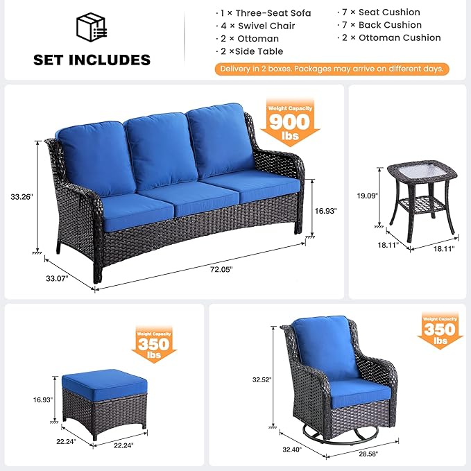 ovios 9 Pieces Patio Furniture Set, Outdoor Wicker Sofa Couch with Swivel Chairs Ottomans Comfy Cushions, High Back Modern All Weather Conversation Sets, Brown Rattan, Navy Blue
