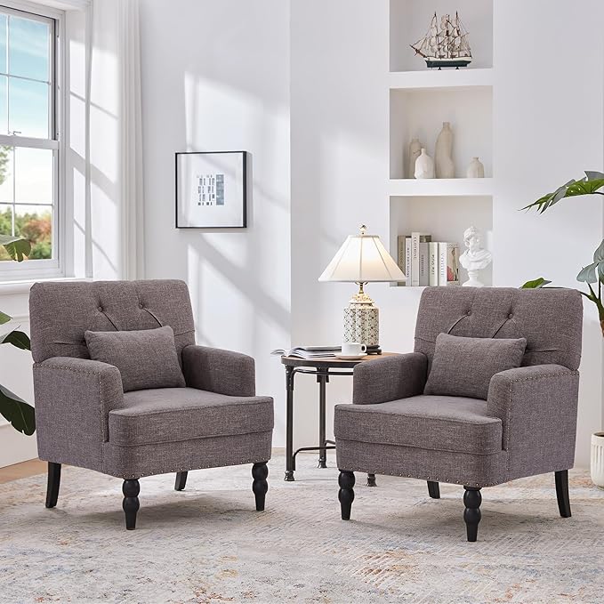 HUIMO Tufted Club Chair Set of 2 with Lumbar Pillow,Accent Chair Upholstered Button Armchair, Linen Fabric Sofa Chairs for Bedroom, Living Room, Mid Century Modern with Reading Chair (2, Gray)