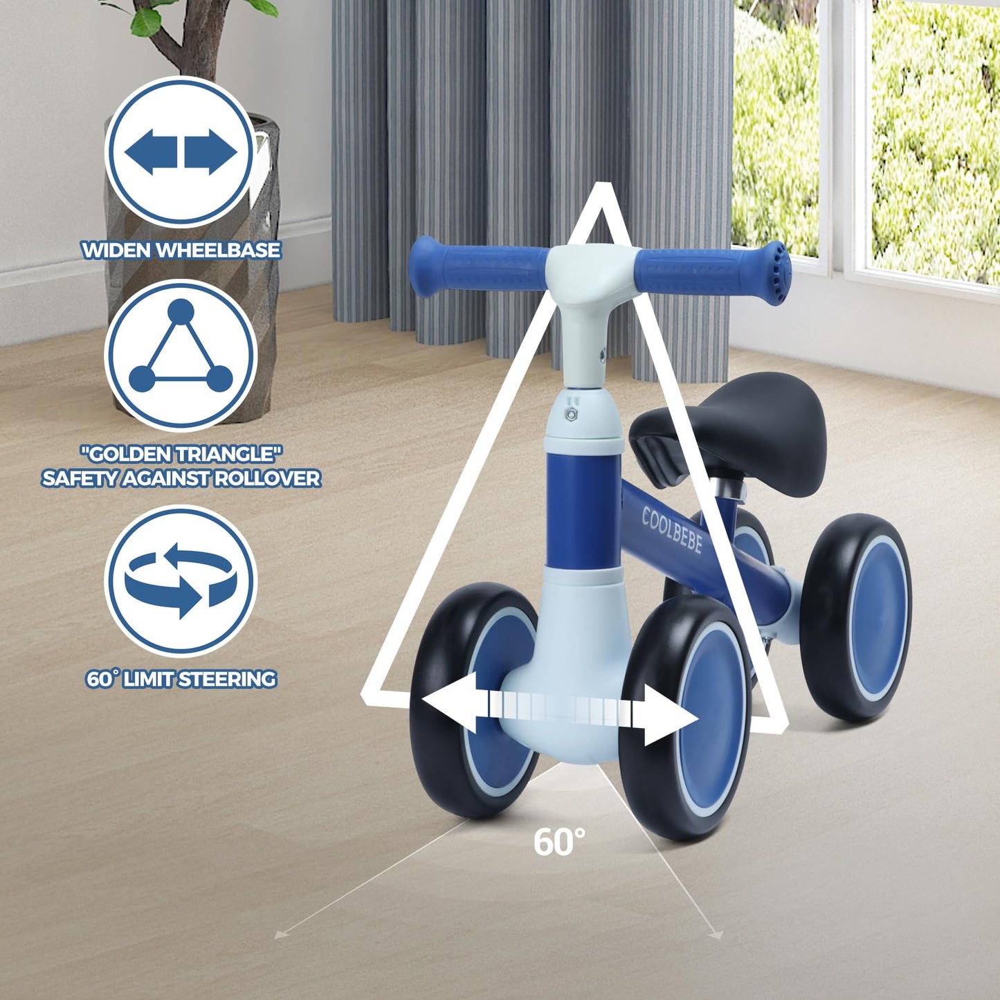 COOLBEBE Toddler Balance Bike for 1 Year Old Boys Girls Gift, 2 Years Toddler Balance Bike with 4 Silent Wheels, One Year Old Birthday Gift Baby for 12M-36M Pre-School (Blue)