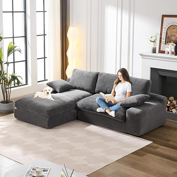 98.4" Cloud Modular Sectional Couch with Chaise,L-Shaped Modern Upholstered Sofa with Deep Seat,Corduroy Sectional Couches for Living Room and Bedroom,No Assembly Required(Grey)