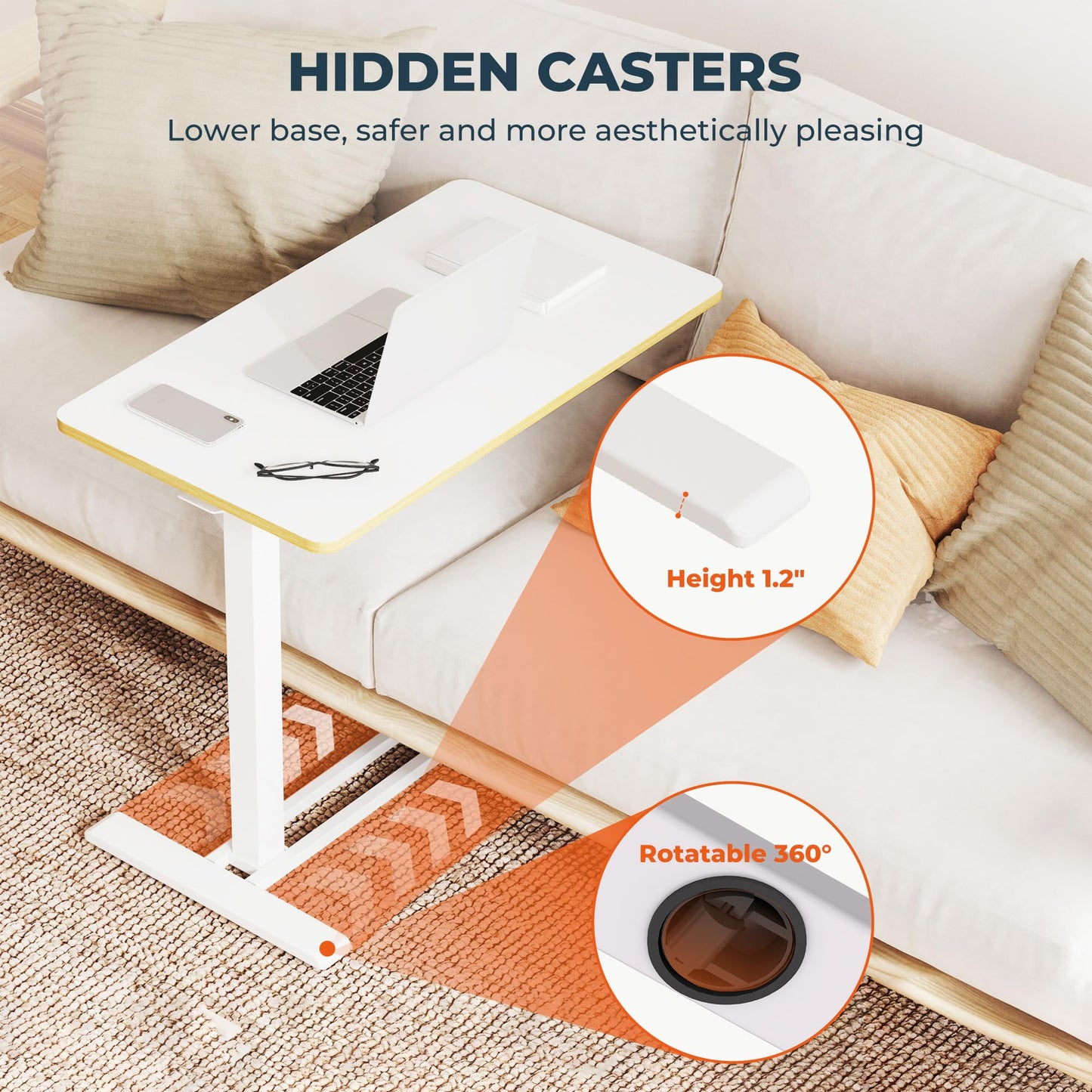 FitStand Medical Overbed Adjustable Bedside Table with Hidden Casters, Pneumatic Mobile Rolling Laptop Standing Desk with Tray for Home and Hospital Use, White