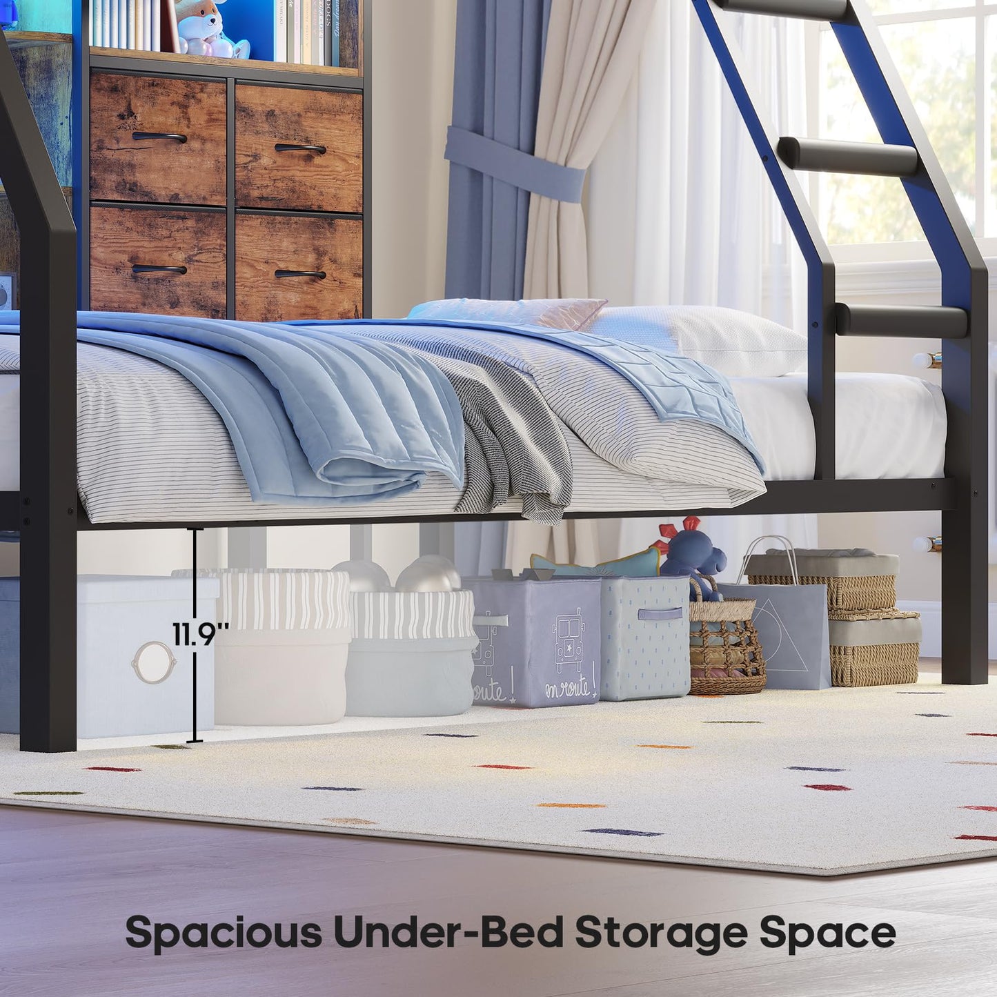 BTHFST Bunk Bed Twin Over Twin with 4 Storage Drawers & Shelves & Bedside Caddy, Twin Bunk Beds with Led Lights & Charging Station, Metal Loft Bed with Angled Ladder & Safety Guardrail, Rustic Brown