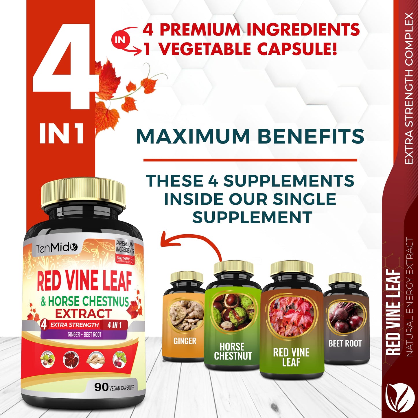 Tenmido Red Vine Leaf Extract Capsules - with Horse Chestnut, Beet Root, Ginger - Herbal Supplement for Heart, Leg Vein & Energy - 90 Vegan Capsules for 45 Days