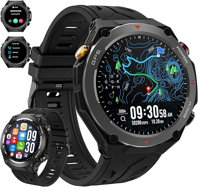 Military Smart Watch with GPS, Pressure/Altitude/Compass, Rugged Smartwatch for Men with 650mAh Extra-Large Battery, Answe...