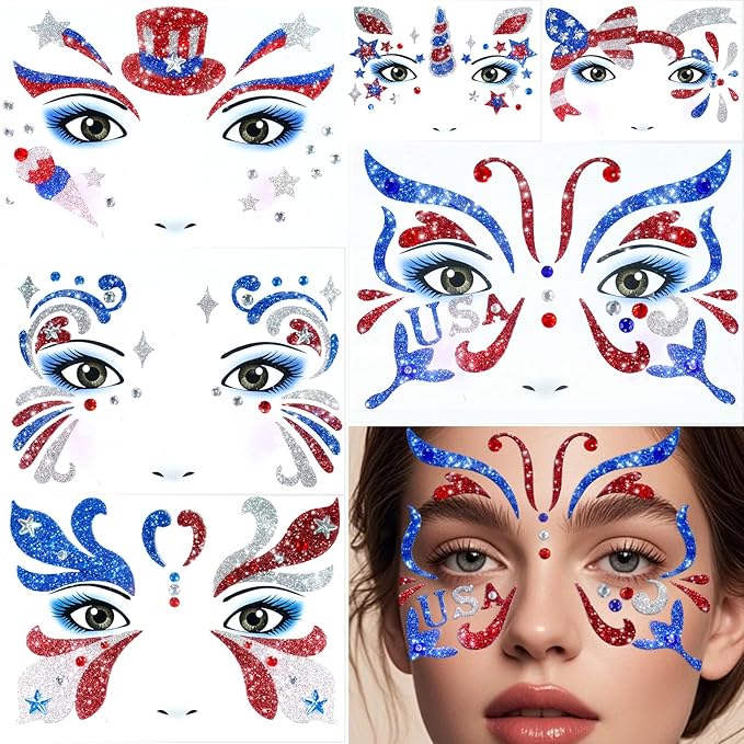 Yosca 6Pcs Independence Day Temporary Tattoos, Red White Blue Patriotic Glitter Face Stickers, Self Adhesive Star Face Art Sticker for 4th of July Memorial Day Veterans Day USA Flag Party