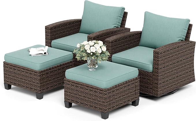 SUNSHINE VALLEY 4-Piece Patio Furniture Set with Swivel Chairs, Rattan Wicker Outdoor Furniture with 2 Swivel Glider Chairs and 2 Ottomans, Outdoor Lounge for Small Patio, All-Weather Design, Blue